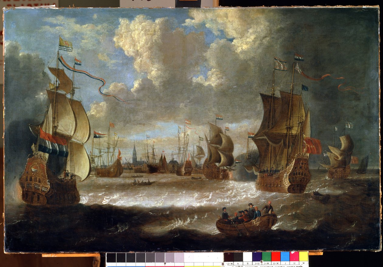 Laivat laguunissa (Ships in a lagoon). Abraham Storckin (1635-1710) maalaus. Öljy kankaalle tekijältä Abraham Storck