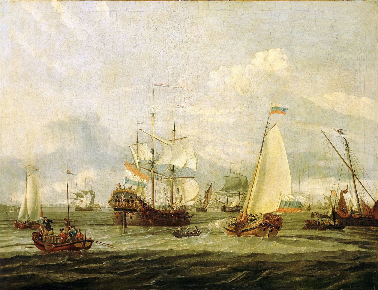 Venäjän tsaari Pietari Suuri (1672-1725) tarkastamassa venettä Amsterdamissa (Hollanti). Abraham Storckin (1635-1710) öljy kankaalle. tekijältä Abraham Storck