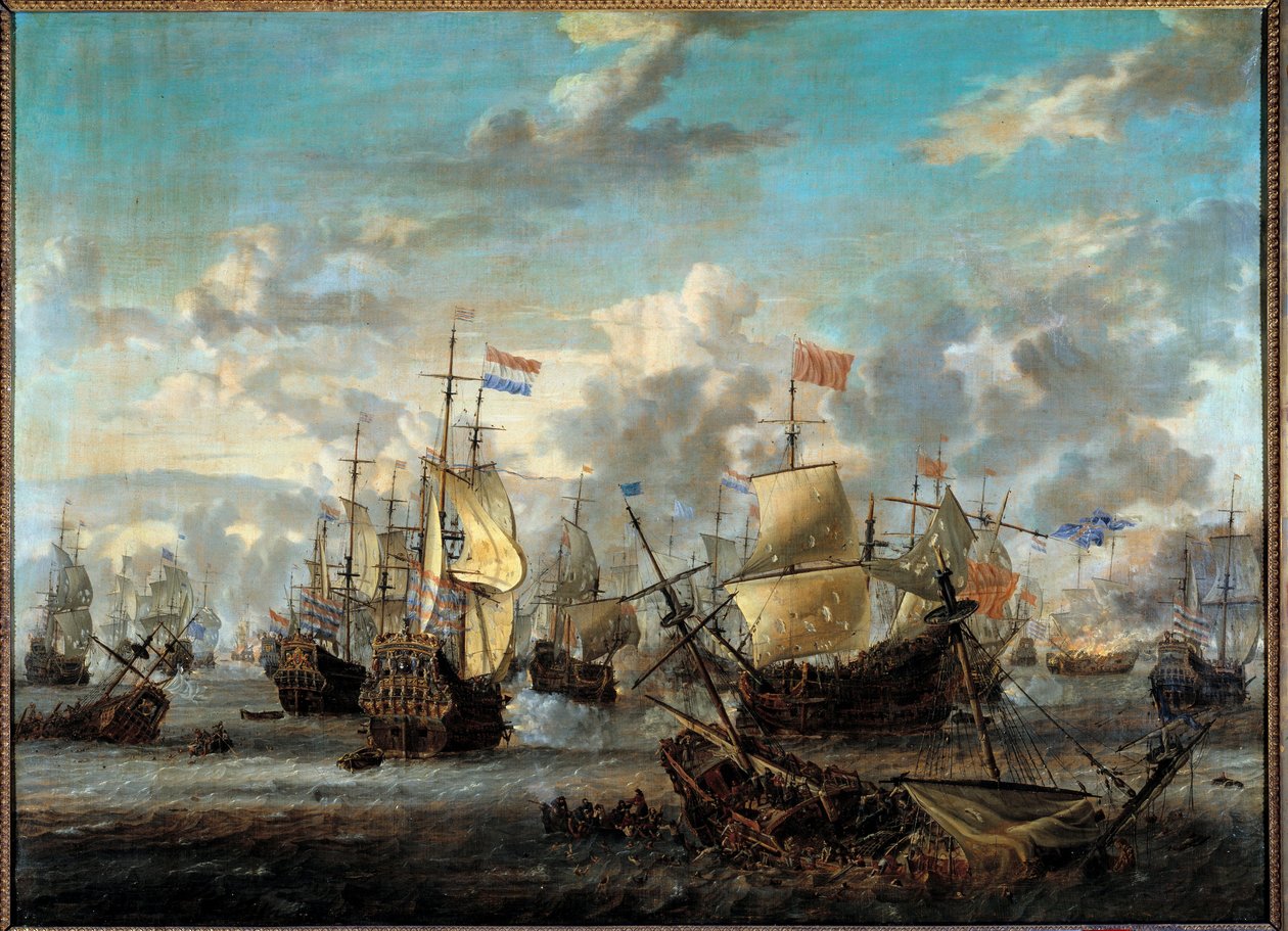 Toinen Englannin ja Neerlandin sota: "" Neljän päivän taistelu 11. - 14. 06. 1666"" Hän vastusti hollantilaisia laivastoja englantilaisia vastaan. Abraham Storckin (1635-1710) maalaus (ec.hol.) 1600-luvun Pariisi, Musee de la Marine tekijältä Abraham Storck