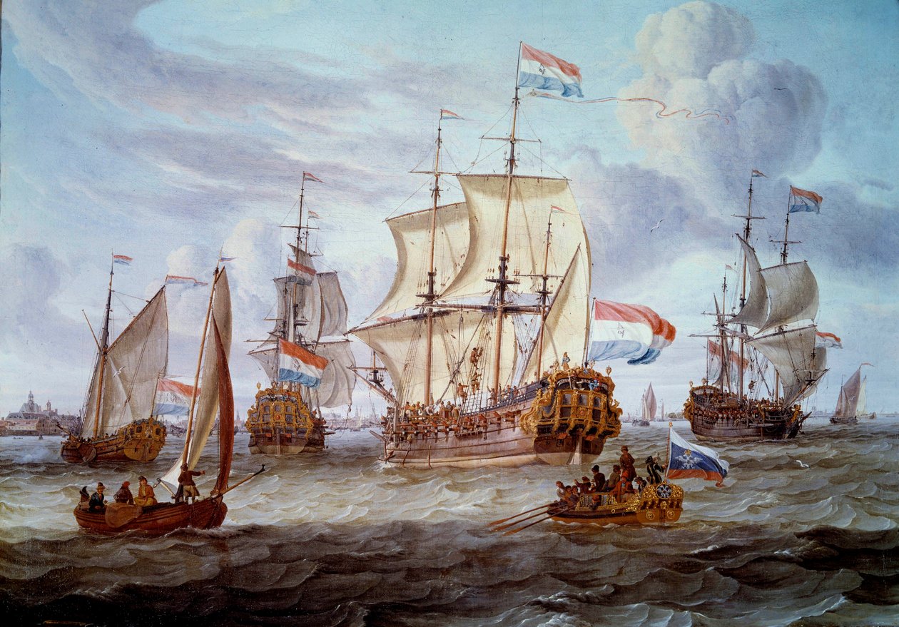 Fregate Pietari ja Paavali Amsterdamin satamassa Abraham Storckin (1635-1710) maalaus 1600-luvun Amsterdamista. Merihistoriallinen museo tekijältä Abraham Storck