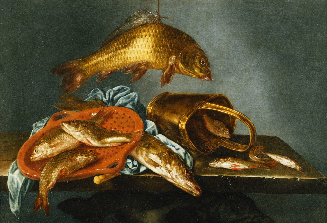 Hauki, karppi, suutari ja särki seulalla ja messinkiämpäri reunuksella, 1661 tekijältä Abraham Susenier