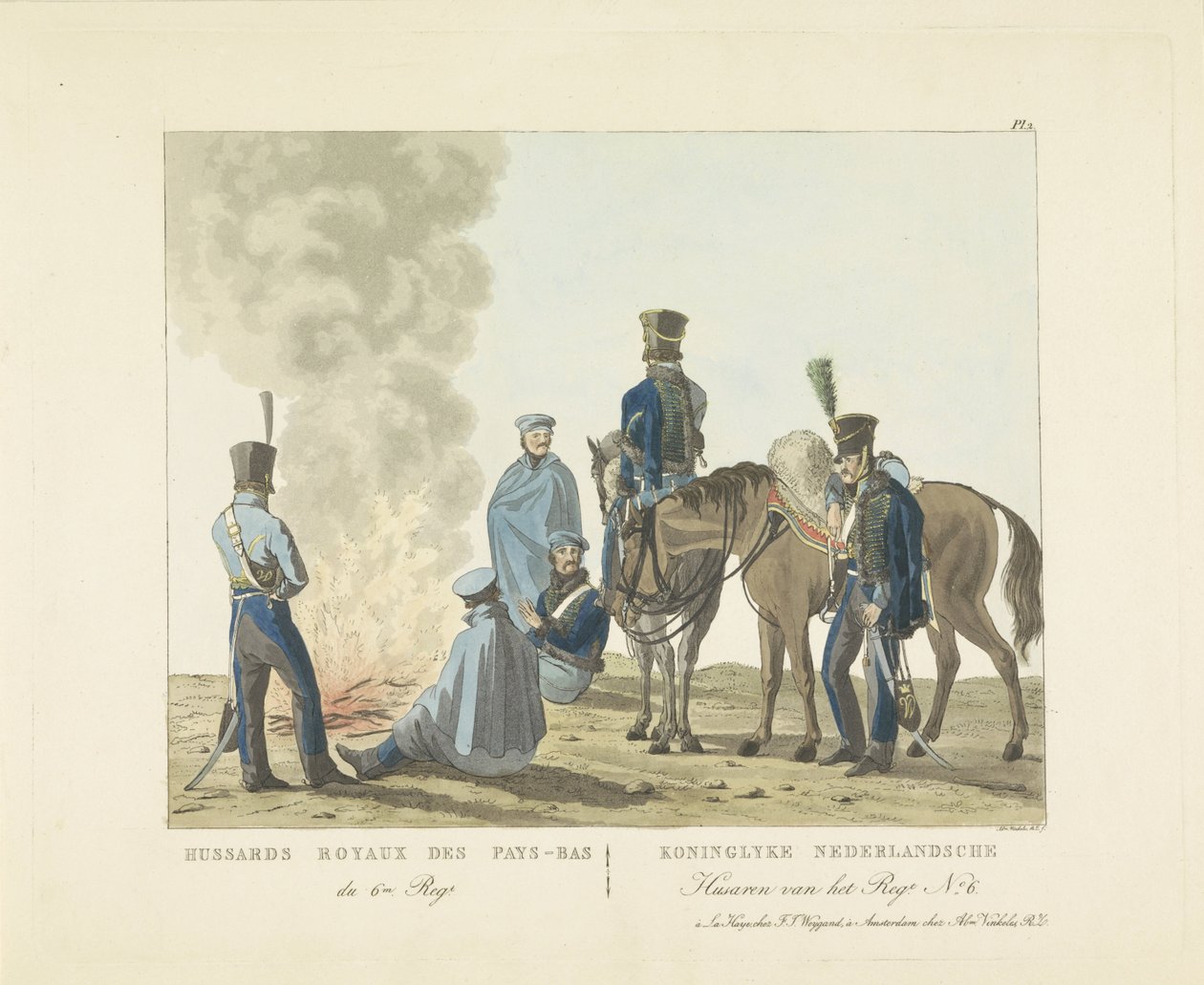 6. rykmentin husaarit 1820-1825 Hussards Royaux des Pays-Bas du 6m. Regt. / Royal Dutch Husars of the Regt. ei. 6 (otsikko objektissa) tekijältä Abraham Vinkeles