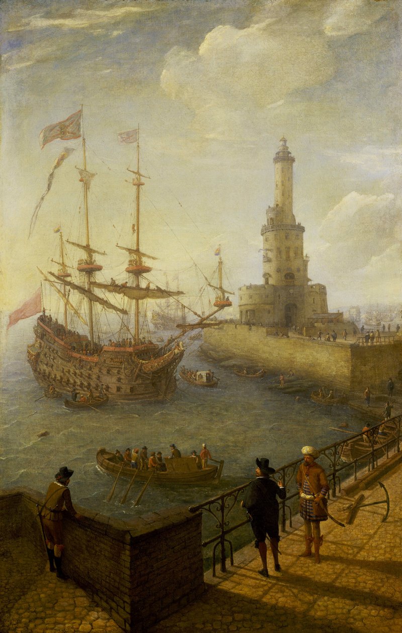 Espanjalainen kolmimastolaiva ankkuroituna Napolin (Italia) rannikolle, nähtynä kaupungin päällystetyltä laiturilta kohti majakkaa ja Välimeren sataman rakennuksia. tekijältä Abraham Willaerts