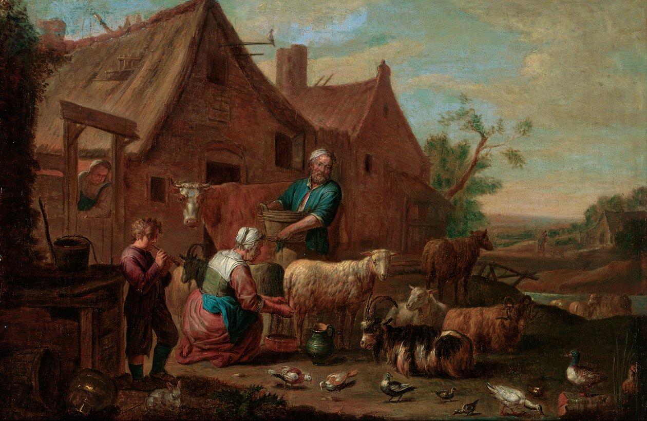 Talonpoikaperhe karjan, lampaiden ja vuohien kanssa maatilapihalla (öljy kankaalle) tekijältä Abraham Willemsens