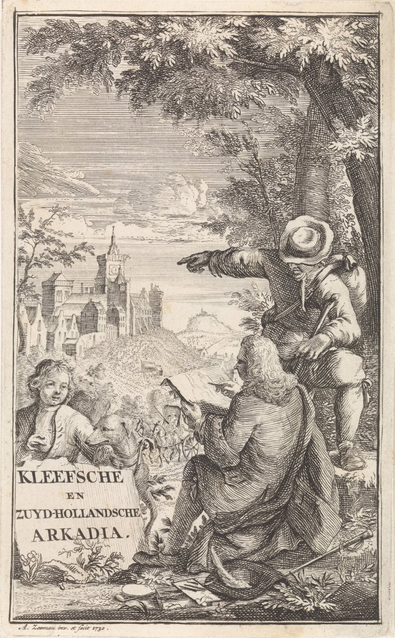 Traveler piirtää Kleven kaupungin Nimisivu: C. Bruin, Kleefsche ja Zuid-Hollandsche Arkadia (...), 1730 tekijältä Abraham Zeeman