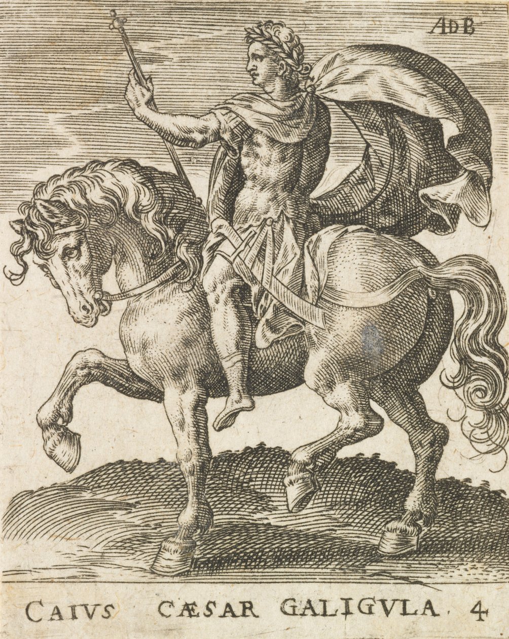 Caius Caesar Galigula elokuvasta Kaksitoista Caesaria hevosen selässä, n. 1565-1587, n. 1565-1587. tekijältä Abraham de Bruyn