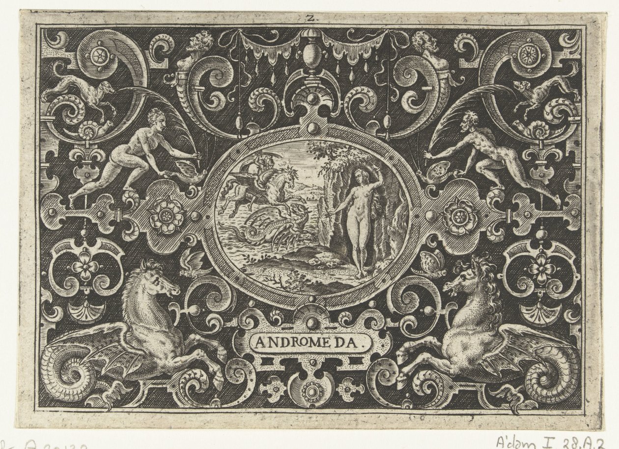 Cartouche: Perseus vapauttaa Andromedan ANDROMEDA (otsikko esineessä) tekijältä Abraham de Bruyn
