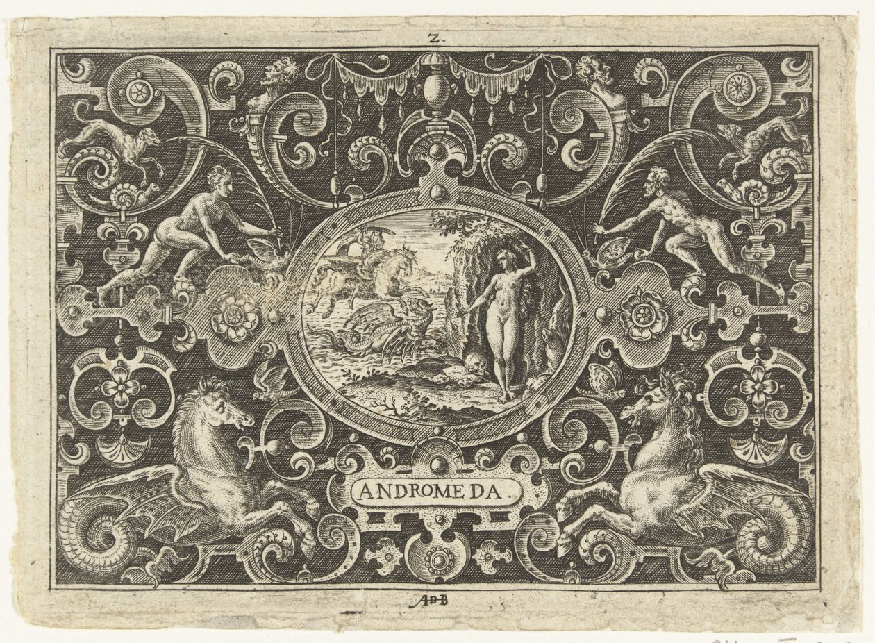 Cartouche: Perseus vapauttaa Andromedan Soikeat cartussit, joissa kohtauksia Perseuksen elämästä groteskien kehyksessä (sarjan nimi) Andromeda (otsikko esineessä) tekijältä Abraham de Bruyn