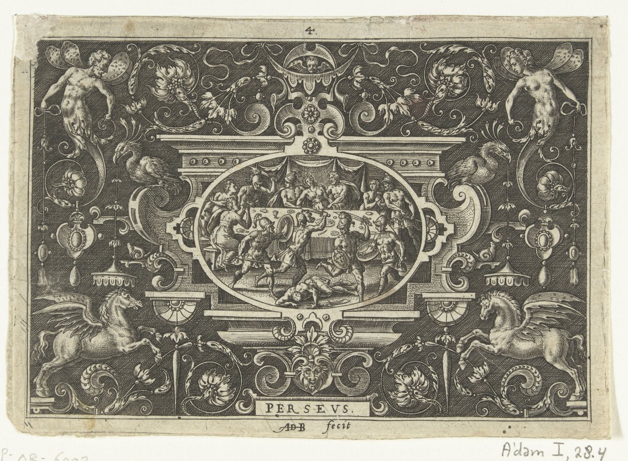 Cartouche: Phineus häiritsee Perseuksen ja Andromedan häät PERSEUS (otsikko esineessä) Soikeat cartussit, joissa kohtauksia Perseuksen elämästä groteskien kehyksessä (sarjan nimi) tekijältä Abraham de Bruyn