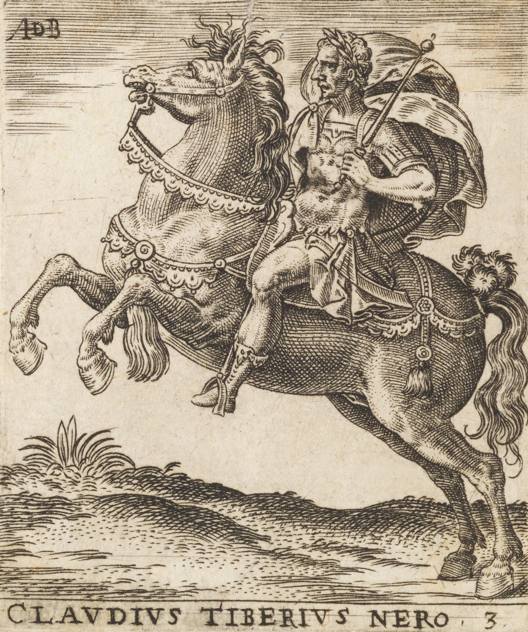 Claudius Tiberius Nero elokuvasta Twelve Caesars on Horseback, n. 1565-1587, n. 1565-1587. tekijältä Abraham de Bruyn