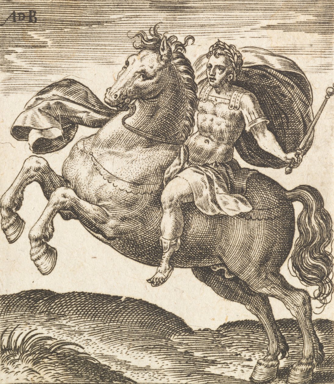 Domitianus kahdestatoista Caesarista hevosen selässä, n. 1565-1587. tekijältä Abraham de Bruyn