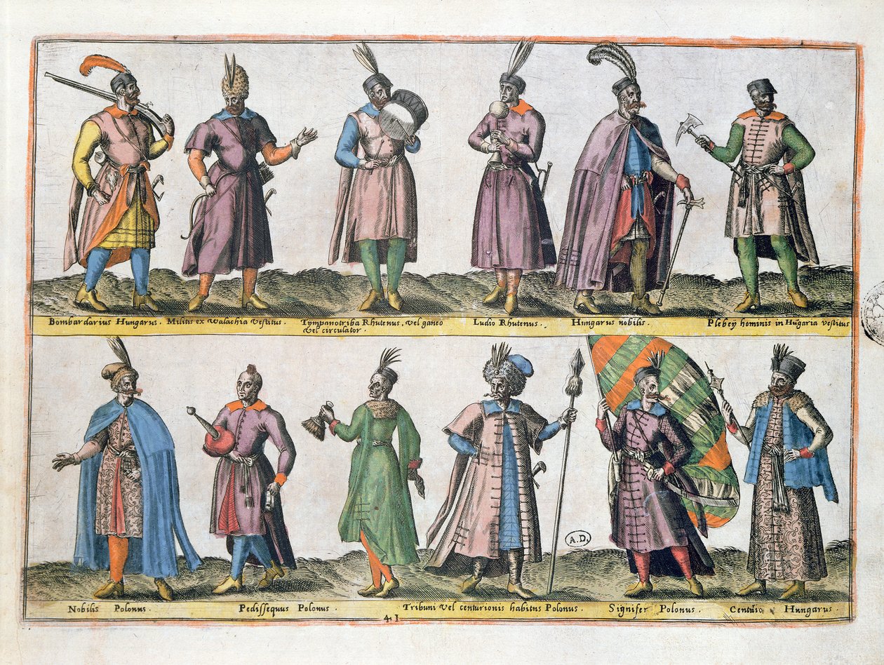 Unkarin ja Puolan sotilaspuku 1500-luvulla, Antwerpenissä vuonna 1581 julkaistusta "Euroopan, Aasian, Afrikan ja Amerikan eri kansojen puvut" tekijältä Abraham de Bruyn