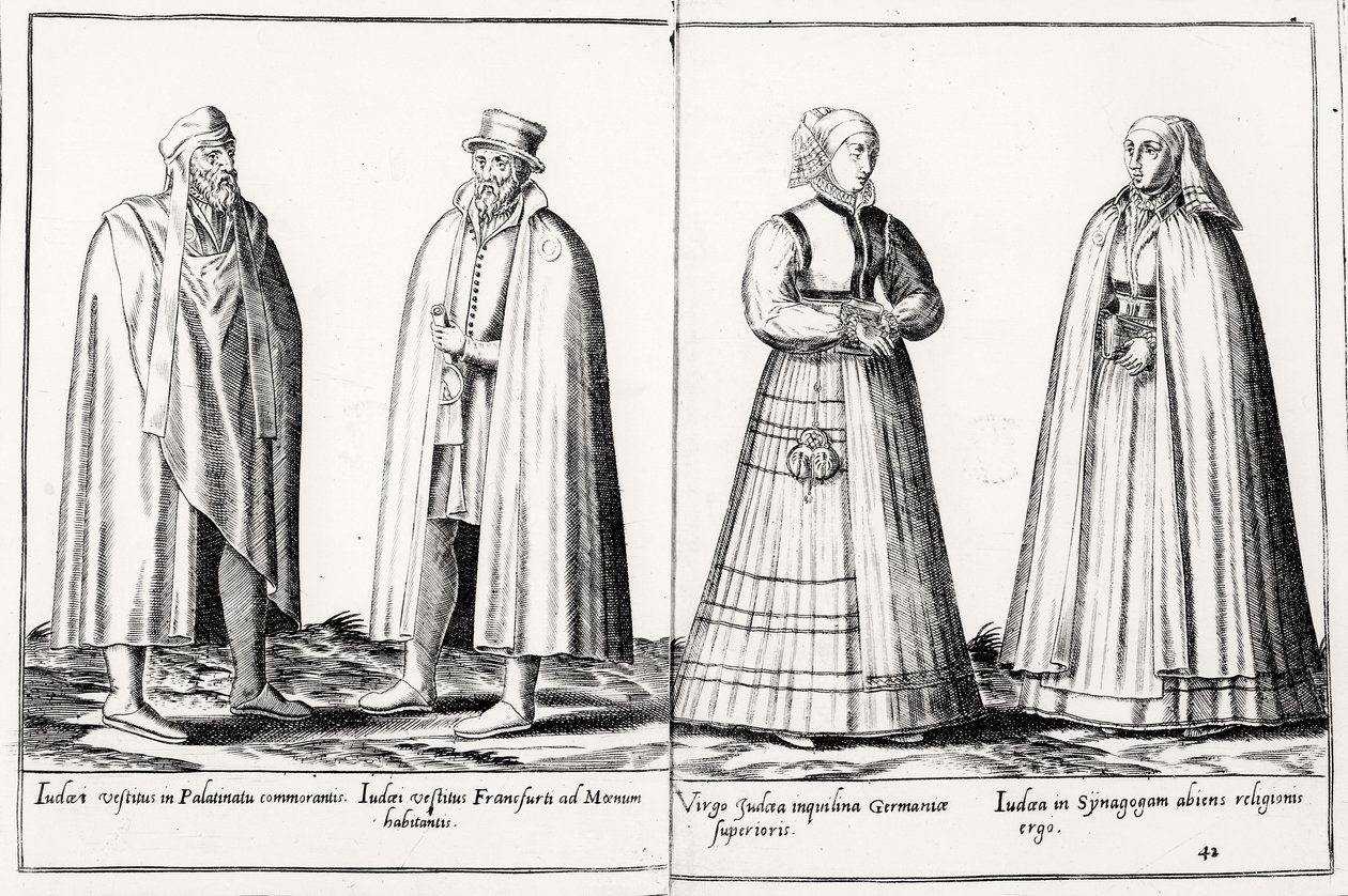 1500-luvun juutalaisia vaatteita "Omnium Poene Gentium Imaginesista", julkaistu Kölnissä tekijältä Abraham de Bruyn