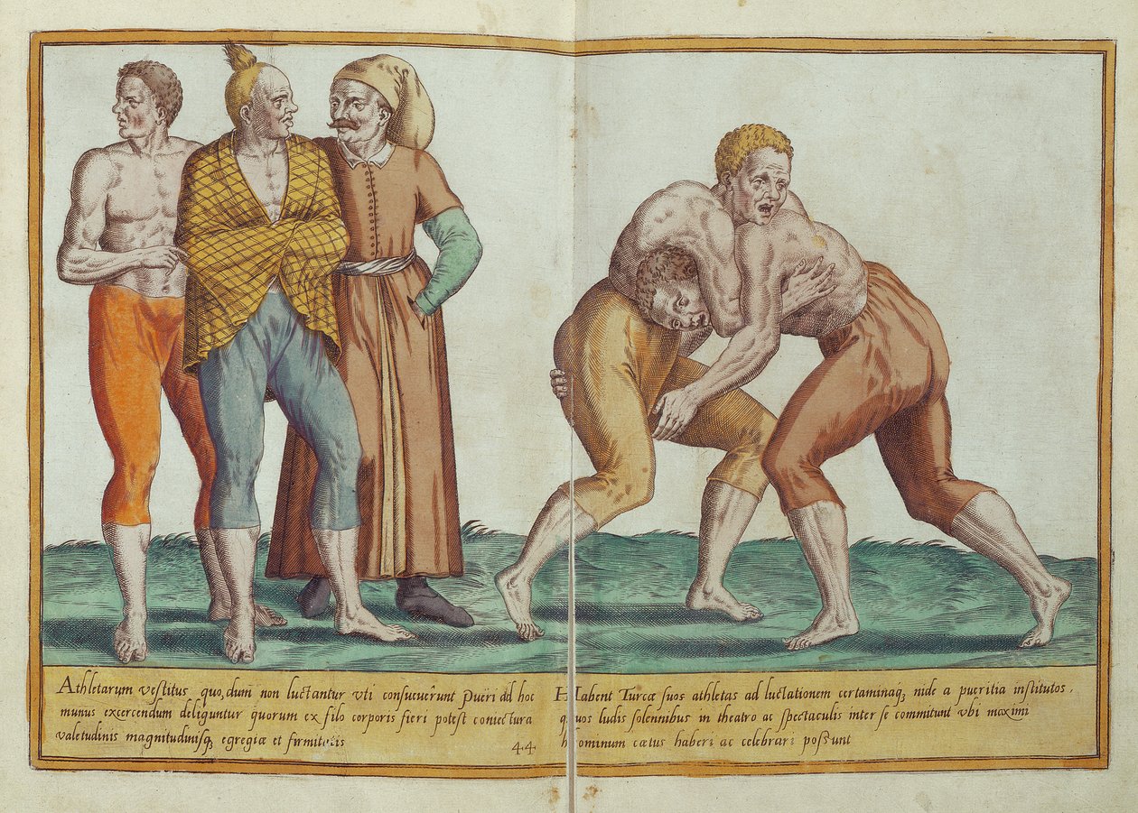 Turkkilaisten paini, 1500-luvun puvut Omnium Poene Gentium Imaginesista, julkaistu Kölnissä, 1577 (käsinvärinen kaiverrus) tekijältä Abraham de Bruyn