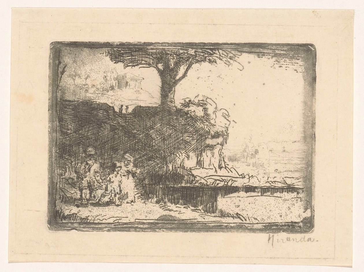 Maisema kolmella hahmolla tekijältä Abraham de Miranda (signed by artist)