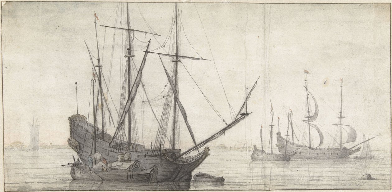 Purjelaivoja seisovassa vedessä lähellä rannikkoa tekijältä Abraham de Verwer (possibly)