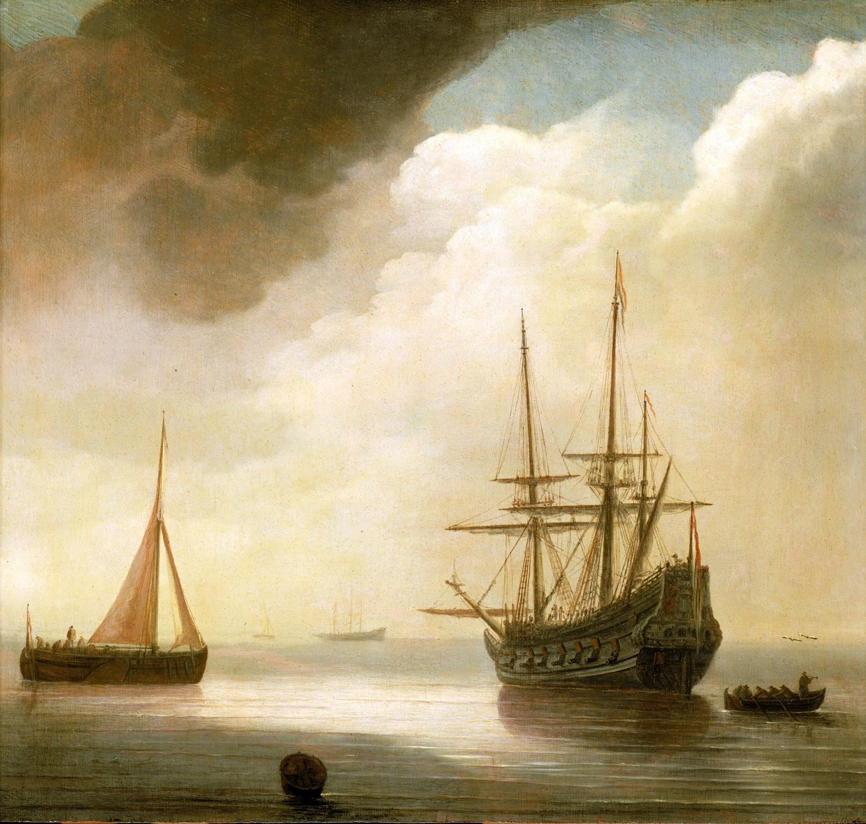 Hollantilainen alus tyynellä merellä. Hänen vasemmalla puolellaan kalastusvene toiminnassa, hänen oikealla puolellaan ankkuroitu vene. Abraham de Verwerin (noin 1585-1650) öljy puulle. tekijältä Abraham de Verwer