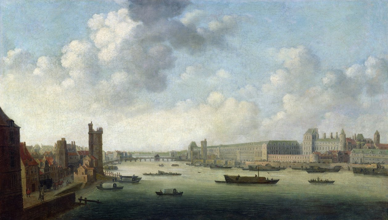 Perspektiivinäkymä Pariisista Perspektiivikuva Pariisista Parturisillalta alavirtaan, kuvaa Hôtel Bourbonia, Louvren Grande Galeriea, n. 1640 tekijältä Abraham de Verwer