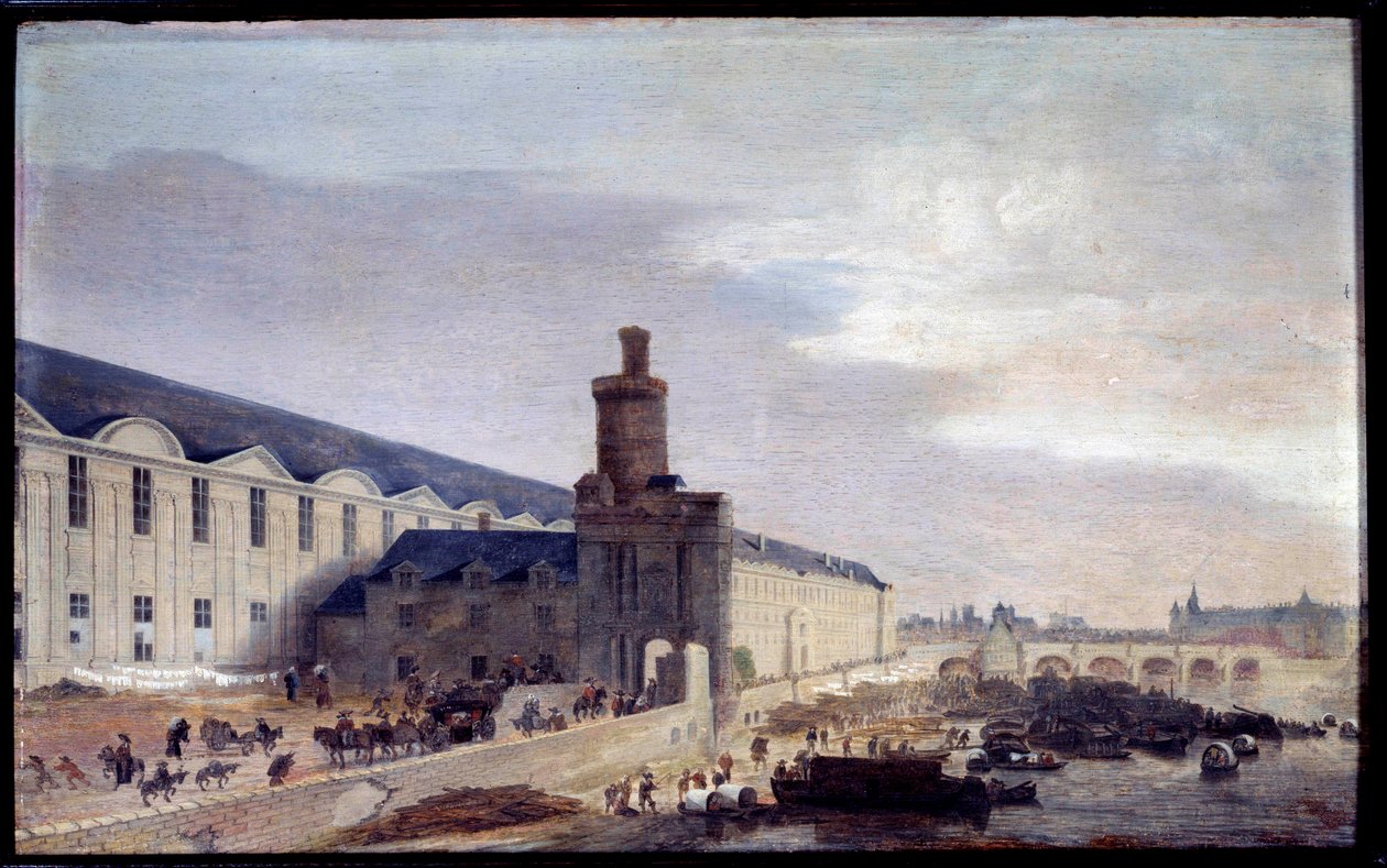 Näkymä Porte Neuvelle ja Galerie du Louvrelle noin 1640 Entrée du Louvresta Seinen rannalla. Abraham de Verwerin (1600-1650) maalaus 1640 Dim. 0,37 x 0,59 m Pariisi, Musee Carnavalet tekijältä Abraham de Verwer