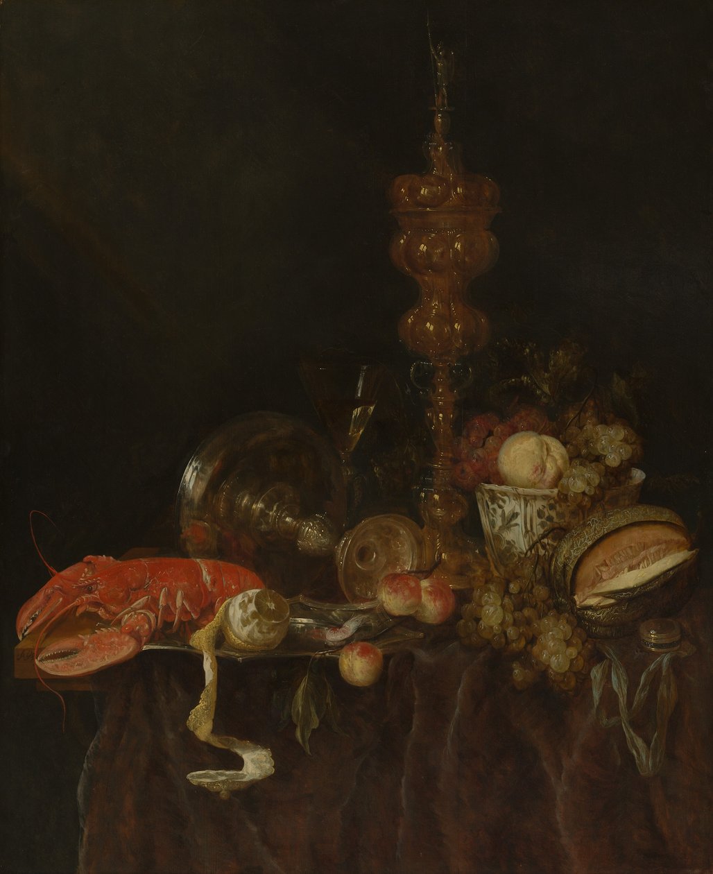 Asetelma hummerilla ja hedelmillä, luultavasti 1650-luvun alussa. tekijältä Abraham van Beyeren
