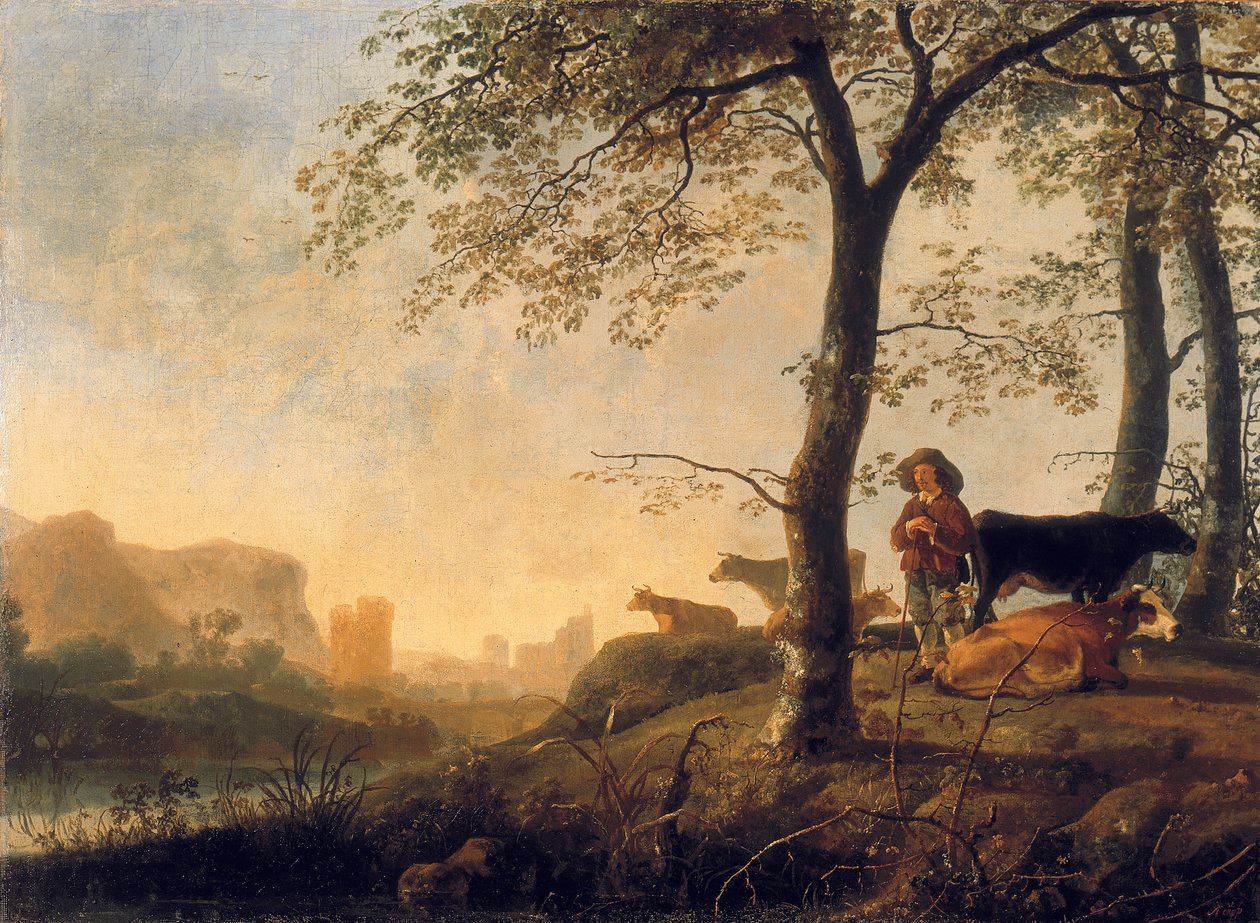 Iltainen jokimaisema, jossa on paimen ja lehmät coven reunalla, silta ja rauniot takana tekijältä Abraham van Calraet