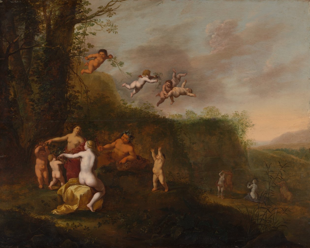 Bacchus ja nymfit maisemassa, luultavasti 1640-luku. tekijältä Abraham van Cuylenborch