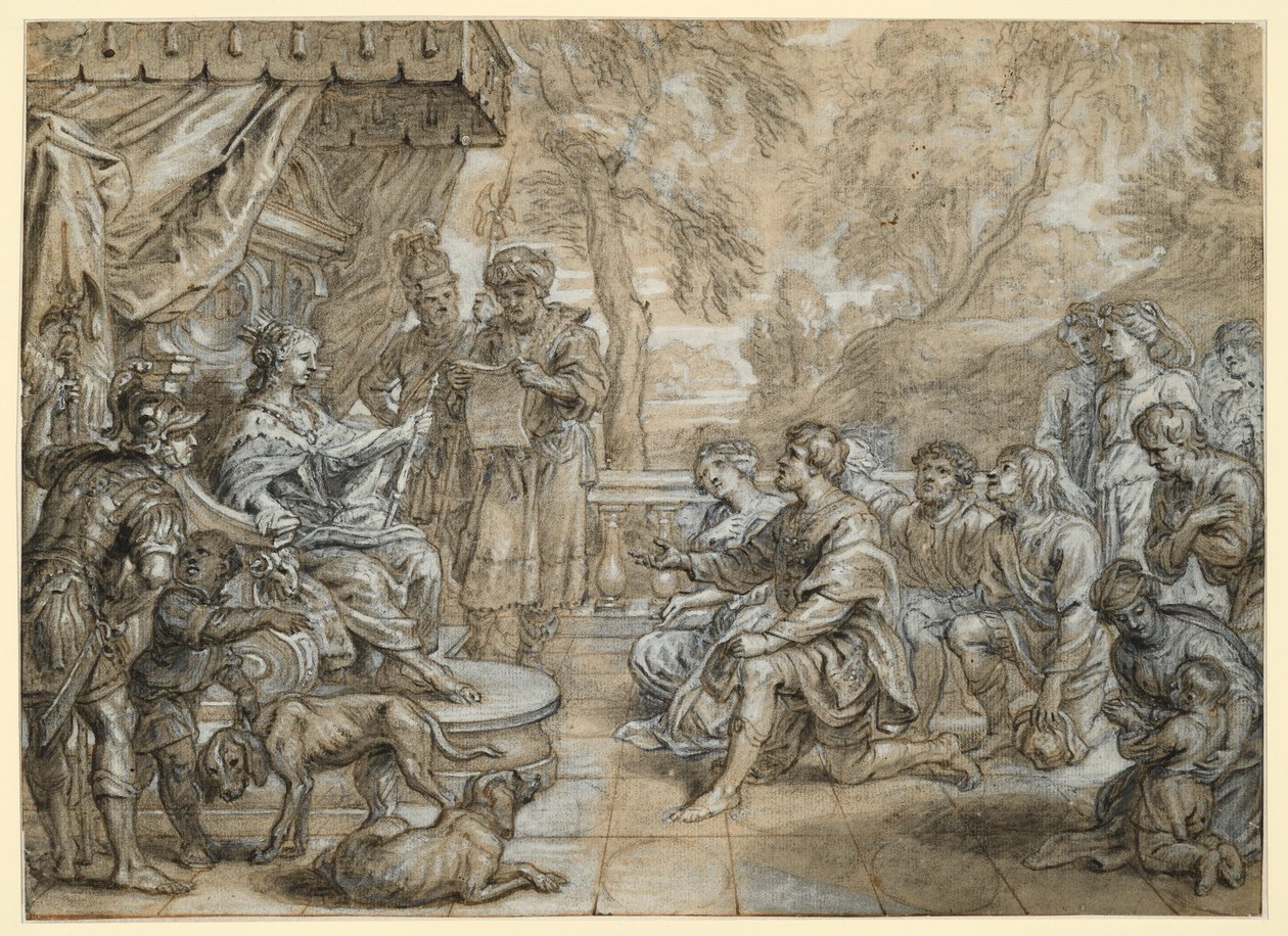 Kuningatar kärpännahkaviitassa ja valtikka kädessään (Semiramis?) valtaistuimella, hänen edessään polvistuu joukko miehiä ja naisia tekijältä Abraham van Diepenbeeck