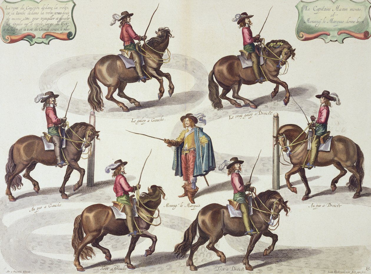 Newcastlen markiisi antaa kapteeni Mazinille ratsastustunnin, levy 15 William Cavendishin (1592-1676) Newcastlen markiisi teoksesta The Method and New Invention of Dressing Horses, kaiverrettu Lucas Vo tekijältä Abraham van Diepenbeeck