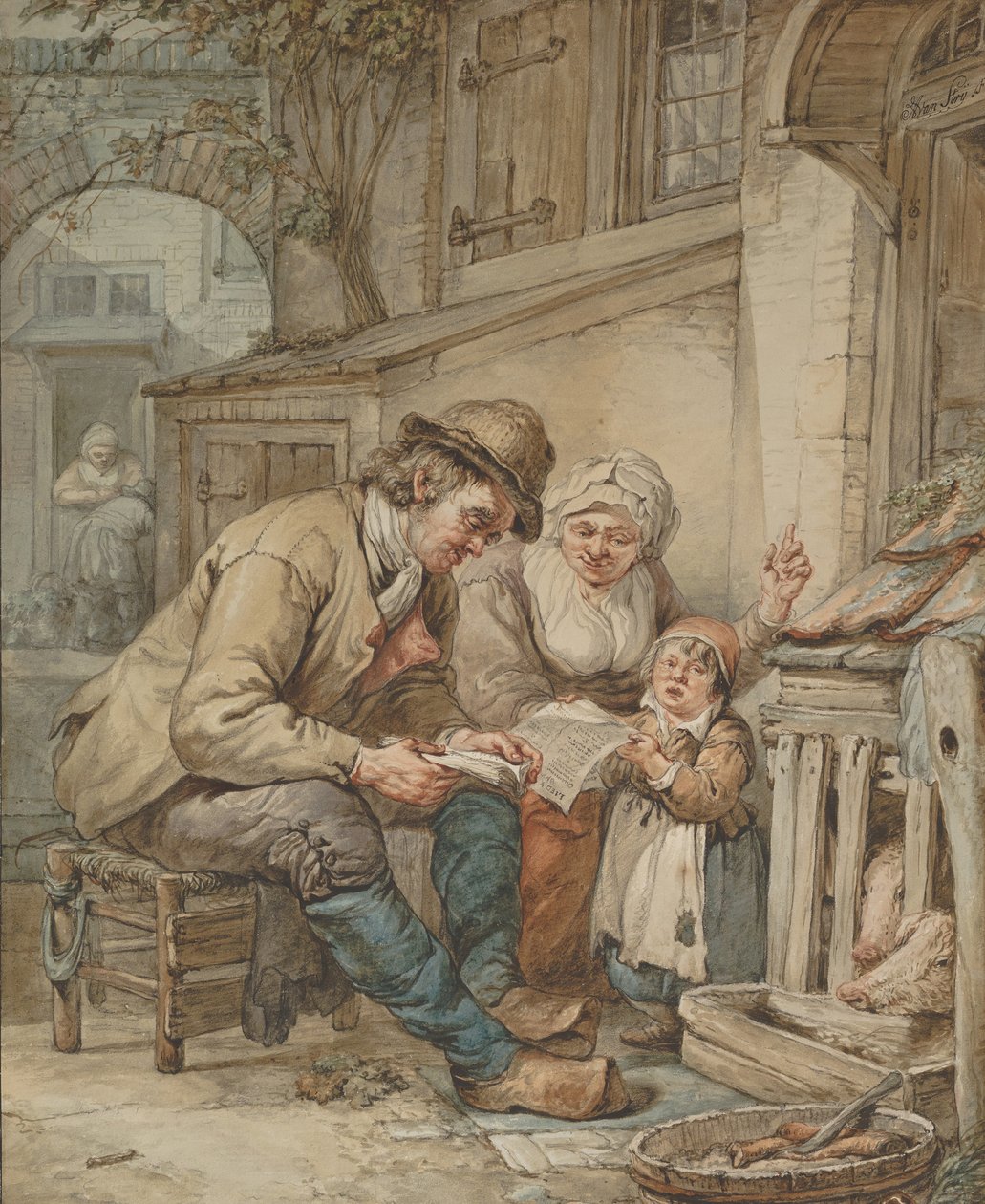 Vanhemmat opettavat tyttärelleen laulun, 1800-luvun alku. tekijältä Abraham van Strij