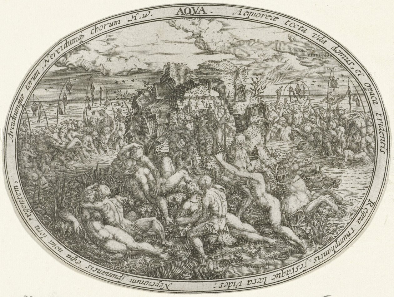 Neptunus nereidien ja tritonien kanssa: Veden elementti Aqua (otsikko esineessä) The Four Elements (sarjan nimi) tekijältä Abraham van den Hecken