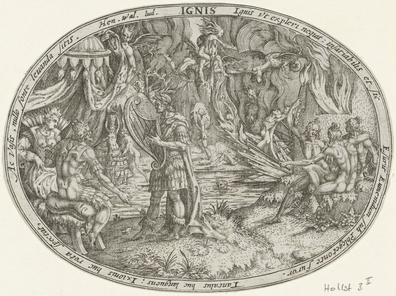 Orpheus alamaailmassa: Tulen elementti Ignis (otsikko esineessä) The Four Elements (sarjan nimi) tekijältä Abraham van den Hecken