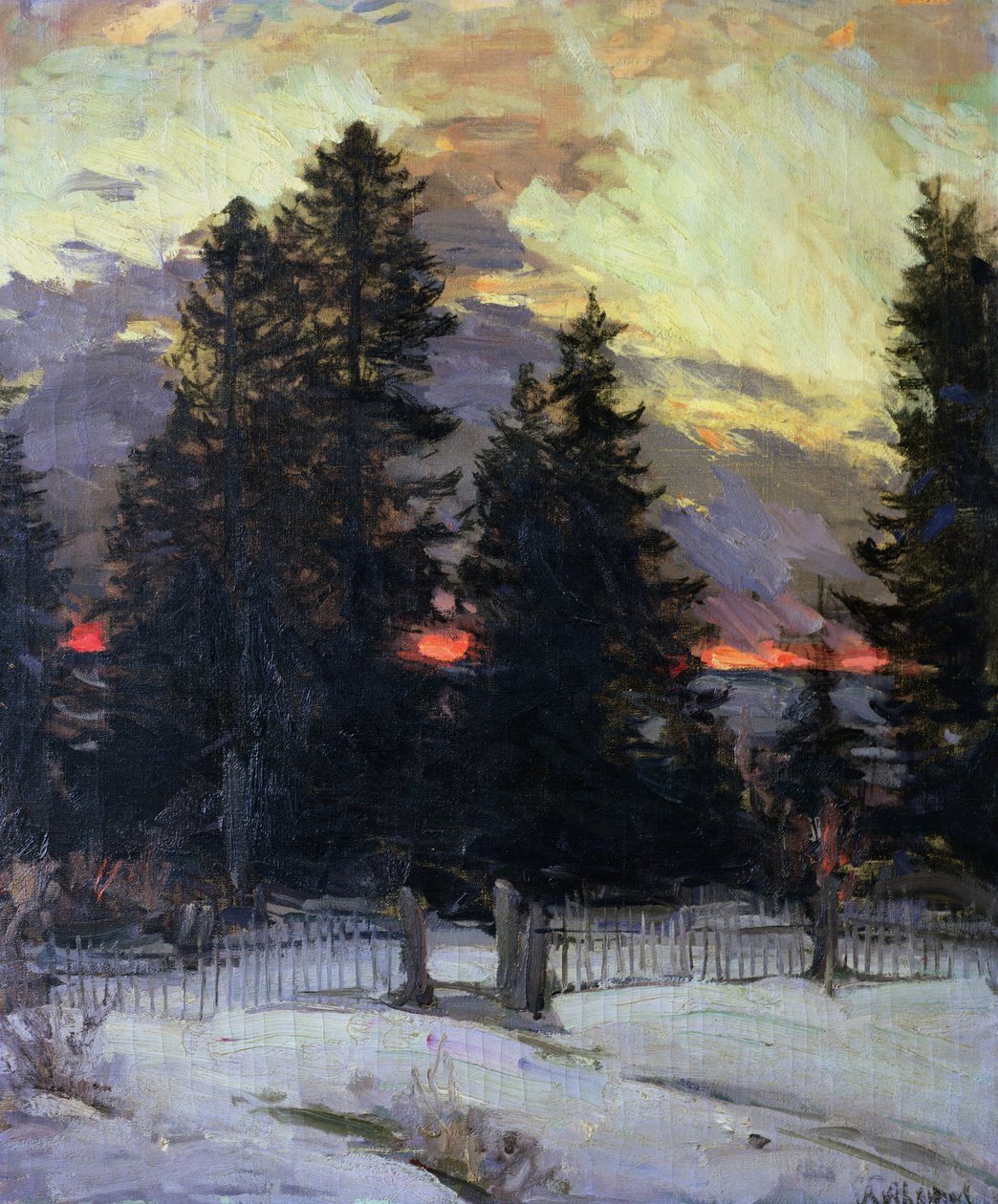 Auringonlasku talvimaiseman yli, n. 1902 tekijältä Abram Efimovich Arkhipov