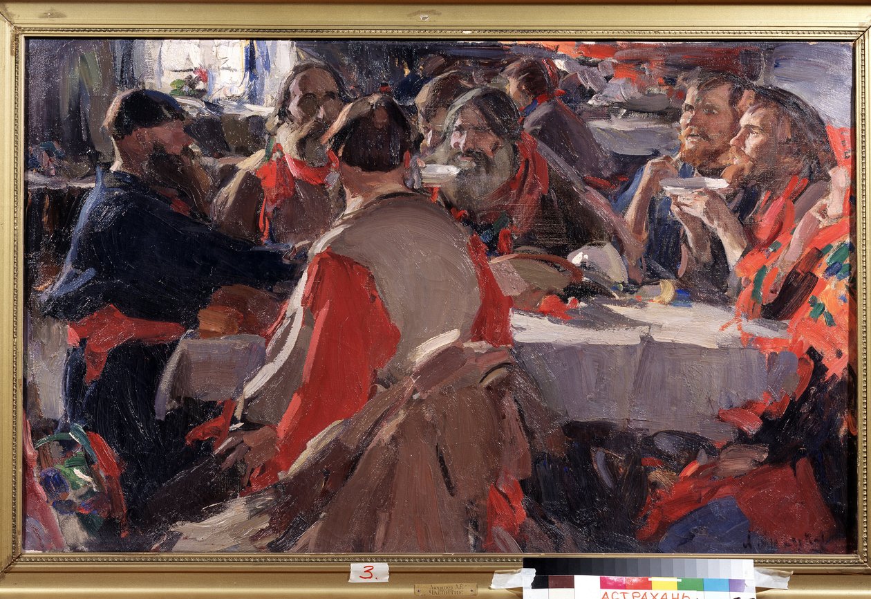 Teehetki (Teen juominen). Abram Jefimovitš Arhipovin (1862-1930) maalaus. Öljy kankaalle, 79 x 31 cm. Venäläistä taidetta 1800-luvun loppu - 1900-luvun alku. Osavaltion B. Kustodievin taidegalleria, Astrakhan (Venäjä). tekijältä Abram Efimovich Arkhipov