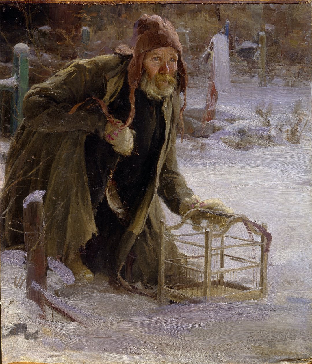 Lintujensieppaaja. Surkeasti pukeutunut, lumessa polvistuva mies pitää häkkiä. Abram Jefimovitš Arkhipovin (1862-1930) maalaus öljy kankaalle tekijältä Abram Efimovich Arkhipov