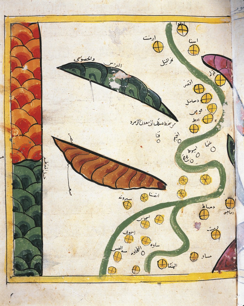 Niilin suiston ja kahden keitaan kartta (vellum) tekijältä Abu Muhammad Al Idrisi or Edrisi
