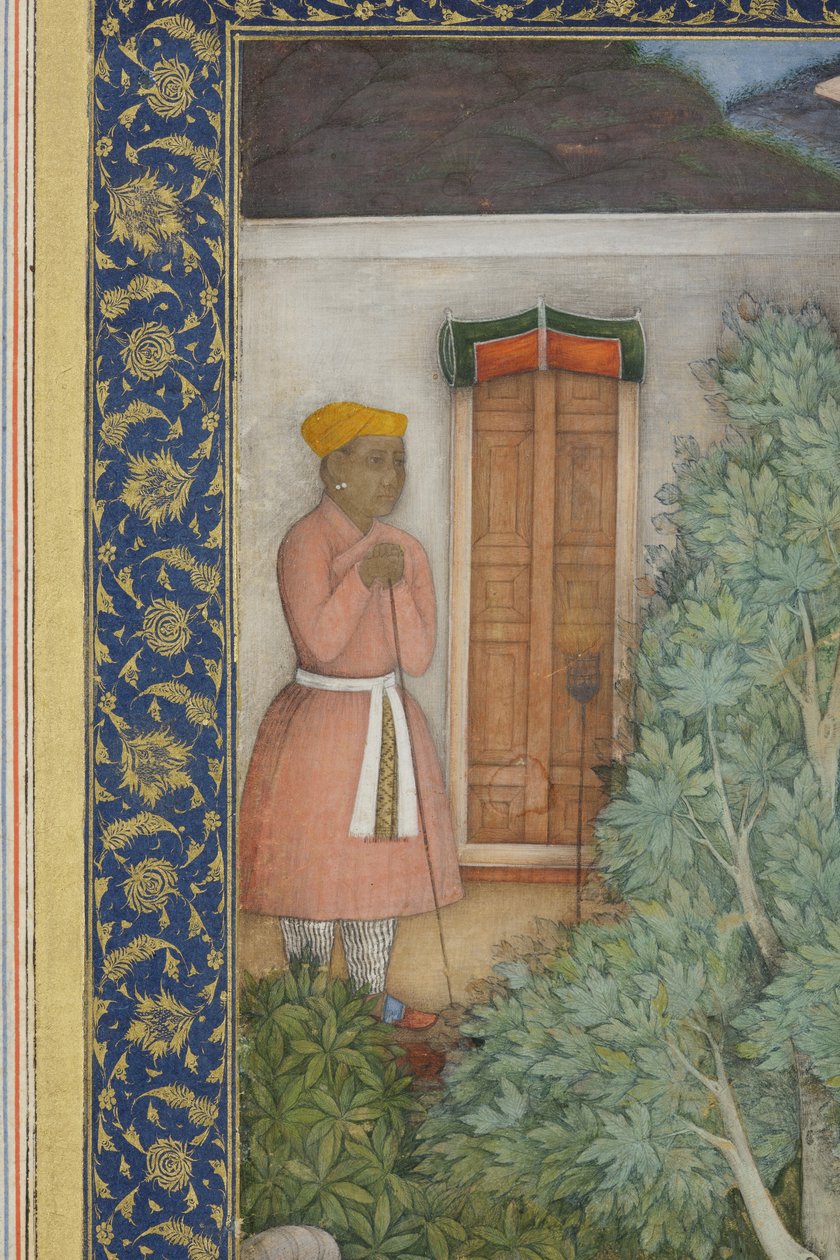 Yksityiskohta keisari Jahangirista pyhien miesten kanssa puutarhassa, n. 1615 (läpinäkymätön wc ja kultaa paperilla) tekijältä Abul Hasan