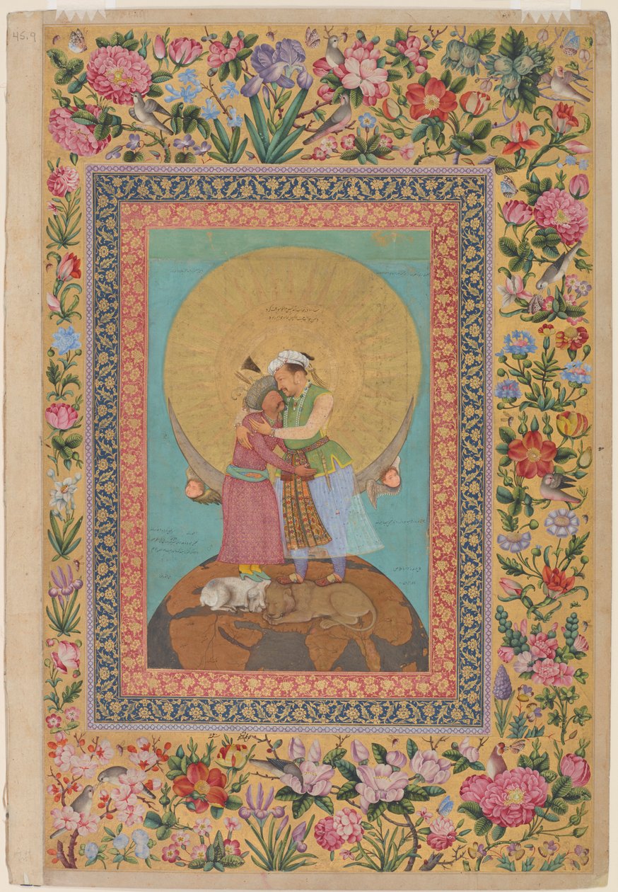 Allegorinen esitys keisari Jahangirista ja Persian Shah Abbasista, kuvitus Pietarin albumista, n. 1618 (wc, muste, hopea ja kulta paperilla) tekijältä Abul Hasan