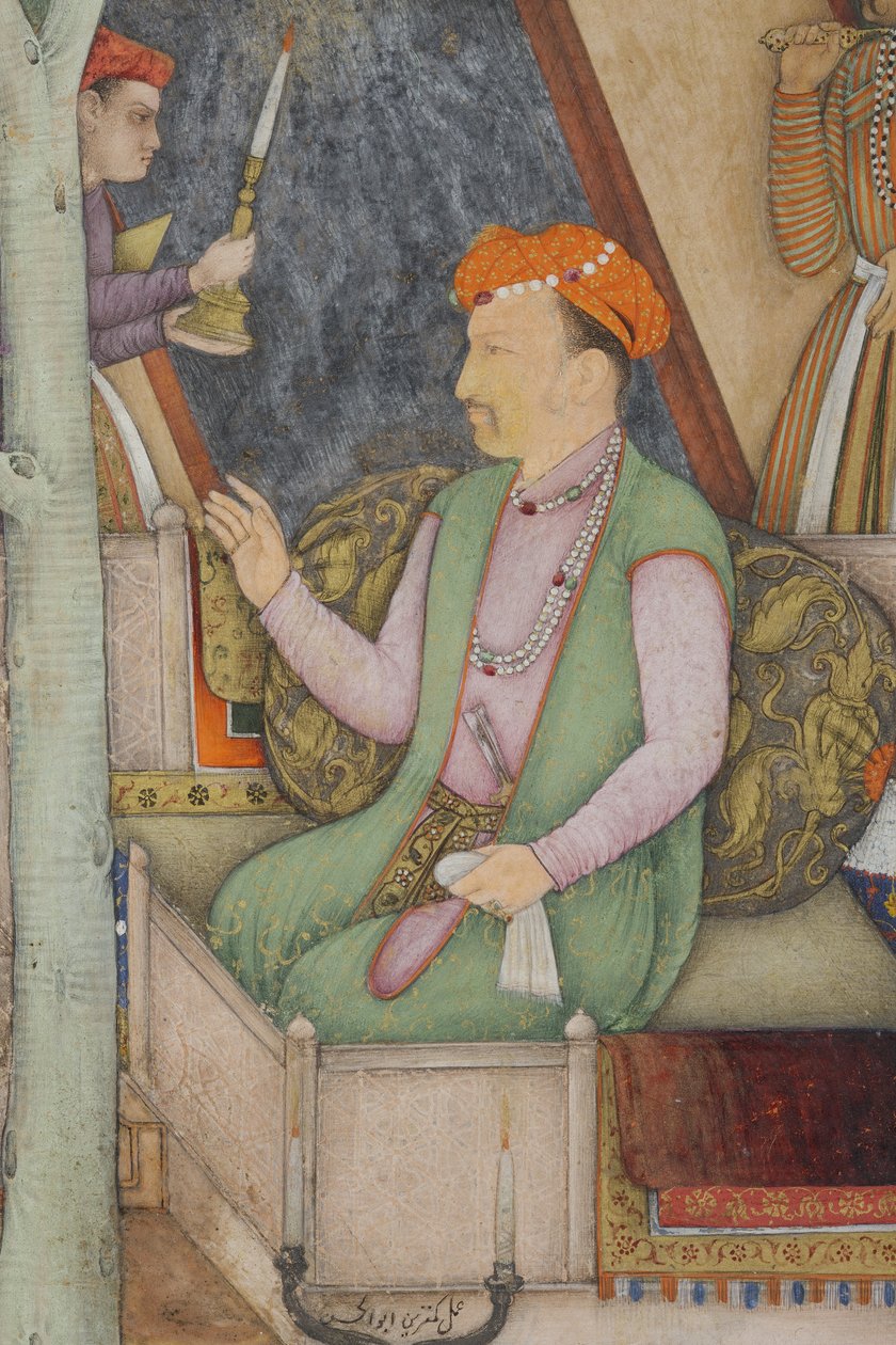 Yksityiskohta keisari Jahangirista pyhien miesten kanssa puutarhassa, n. 1615 (läpinäkymätön wc ja kultaa paperilla) tekijältä Abul Hasan