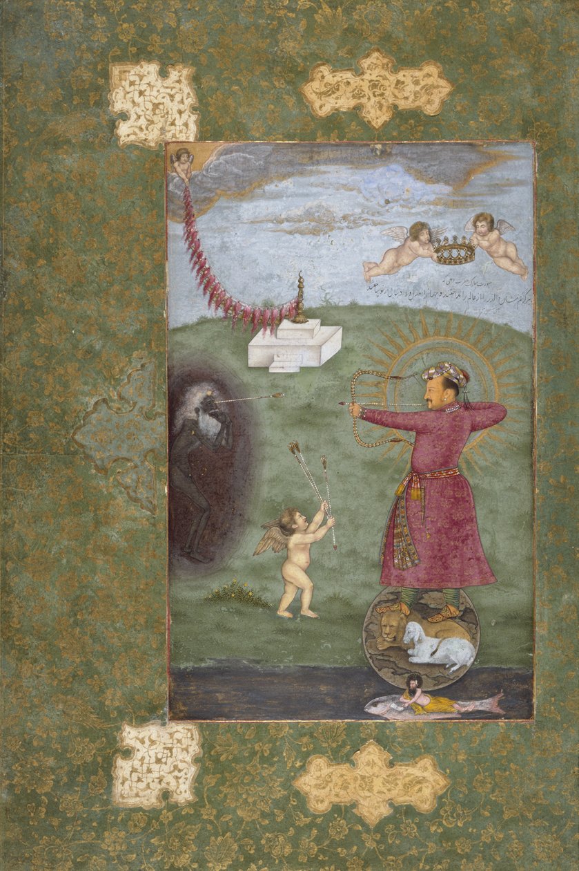 Keisari Jahangir voitti köyhyyden, n. 1620-25 (läpinäkymätön akvarelli, kulta ja muste paperille) tekijältä Abul Hasan