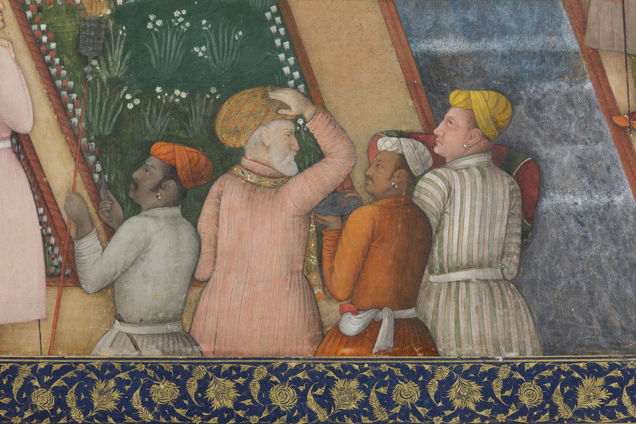 Yksityiskohta keisari Jahangirista pyhien miesten kanssa puutarhassa, n. 1615 (läpinäkymätön wc ja kultaa paperilla) tekijältä Abul Hassan Ghaffari