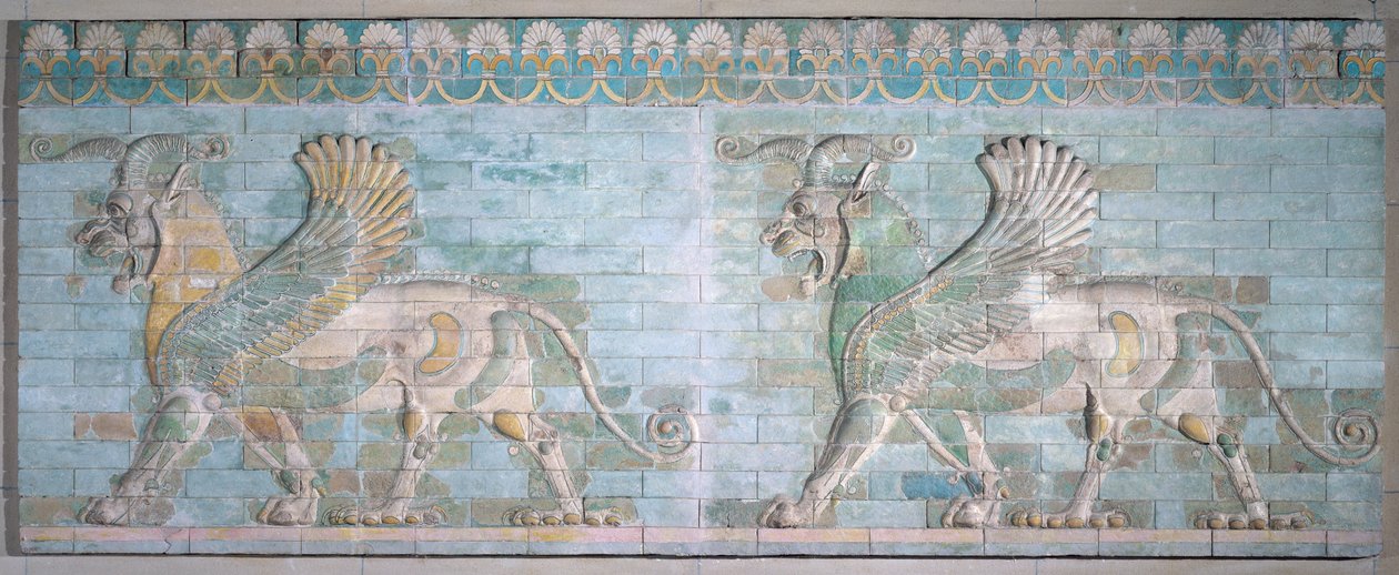 Kaksi siivekästä griffiniä, Artaxerxesin palatsista, Susasta, Achaemenian aikakaudelta, 6.-5. vuosisadalta eKr. (moniväriset lasitiilet) tekijältä Achaemenid
