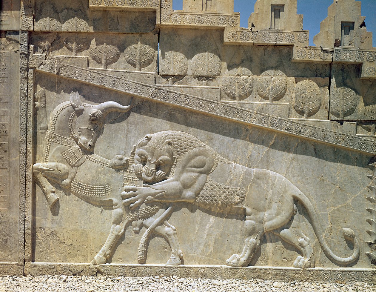 Leijona taistelee härkää vastaan, kohokuvio Apadanan itäportaissa, Achaemanian aikakausi, n. 515 tekijältä Achaemenid