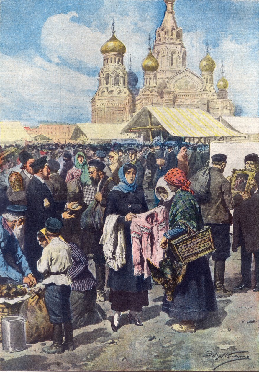 Vaihtokauppa Venäjällä Venäjän vallankumouksen jälkeisen valuutan romahtamisen jälkeen, kuva La Domenica del Corrieresta, 1. kesäkuuta 1919 tekijältä Achille Beltrame