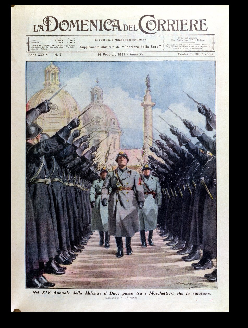 Benito Mussolini (1883-1945) arvioi miliisi, "La Domenica del Corriere", 14. helmikuuta 1937 tekijältä Achille Beltrame