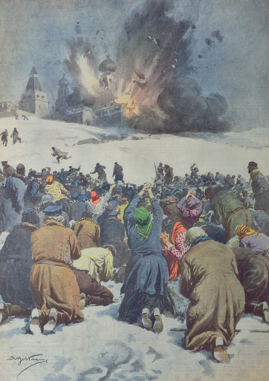 Muinaisen luostarikirkon tuhoaminen Neuvostoliiton toimesta ja siihen liittyvä uskovaisten valitus, kuva Corriere della Serasta, 9. helmikuuta 1930 tekijältä Achille Beltrame