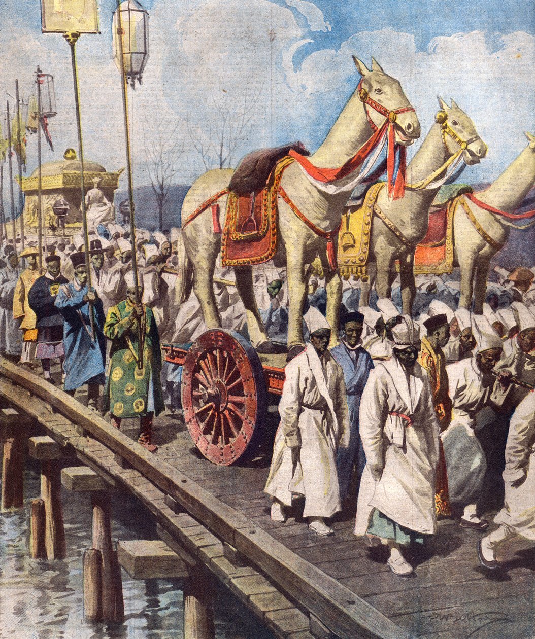 Korean valtakunnan keisari Gwangmun Gojongin hautajaiskulkue maaliskuussa 1919, kansikuva "La Domenica del Corrieresta", 1. kesäkuuta 1919 tekijältä Achille Beltrame