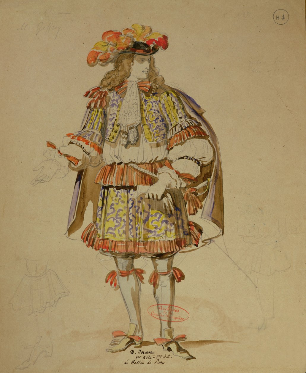 Pukusuunnittelu Molieren (1622-73) Don Juanin tuotantoon vuonna 1847 Comedie Francaisessa (kynä ja muste ja wc paperilla) tekijältä Achille Devéria