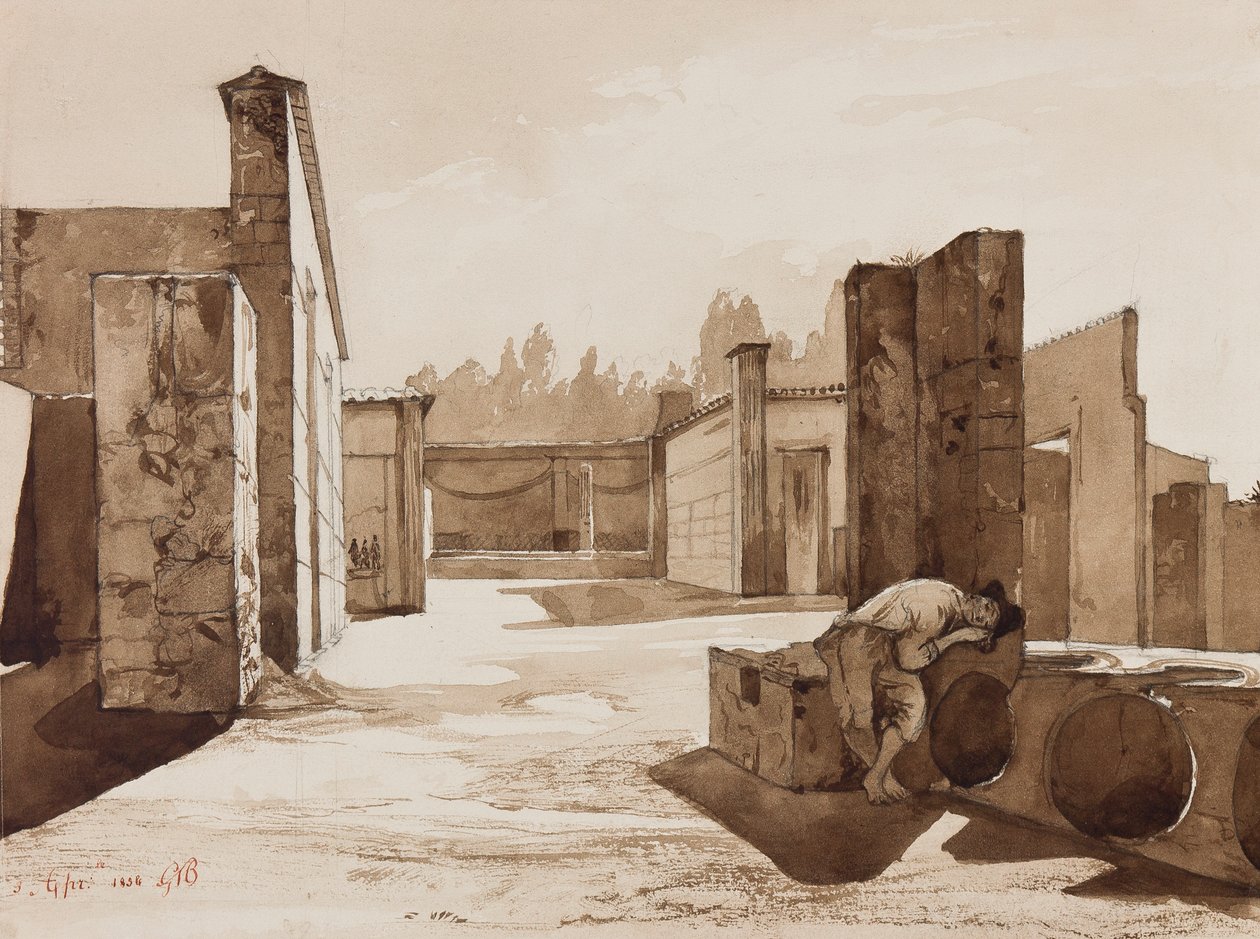 Pompeian näkymä, prinssi Gaetano Maria Federico di Borbonen (1846-1871) lisäyksillä, 1854 (kynä ja seepiapesu paperilla) tekijältä Achille Vianelli