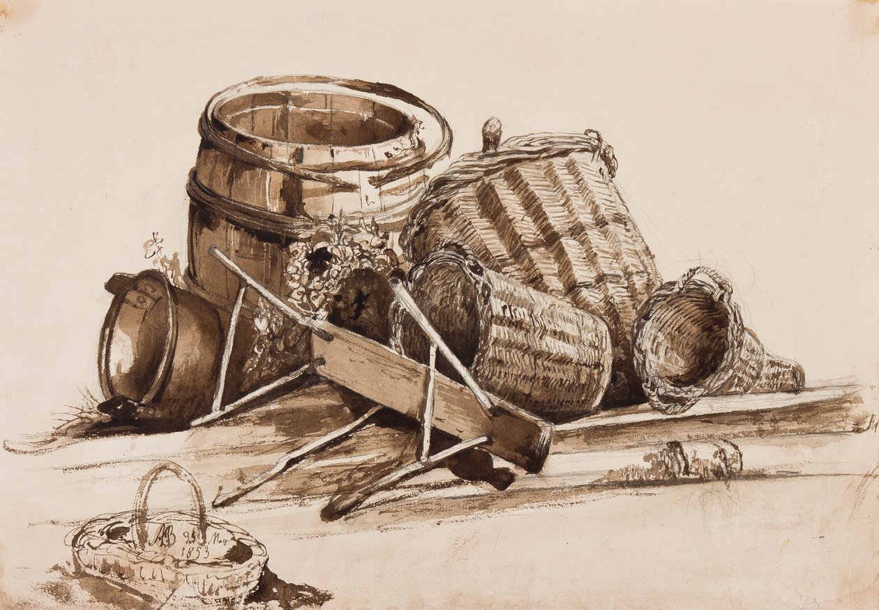 Korit, tynnyrit ja penkki, lisäyksillä prinssi Alfonso Maria di Borbone (1841-1934), 1853 (lyijykynä ja seepiapesu paperille) tekijältä Achille Vianelli