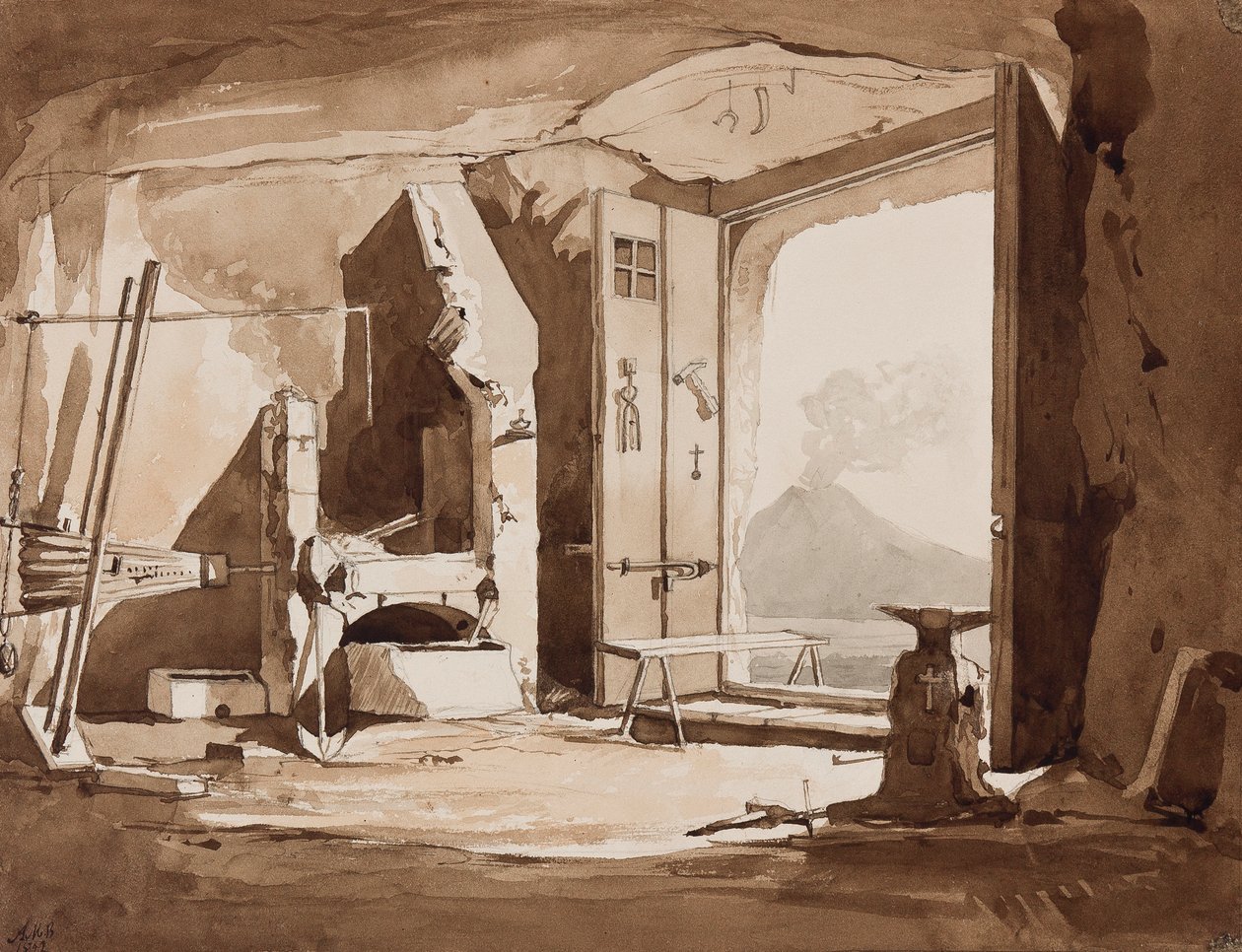 Takon sisäpuoli, lisäyksiä prinssi Alfonso Maria di Borbone (1841-1934), 1852 (lyijykynä ja seepiapesu paperille) tekijältä Achille Vianelli